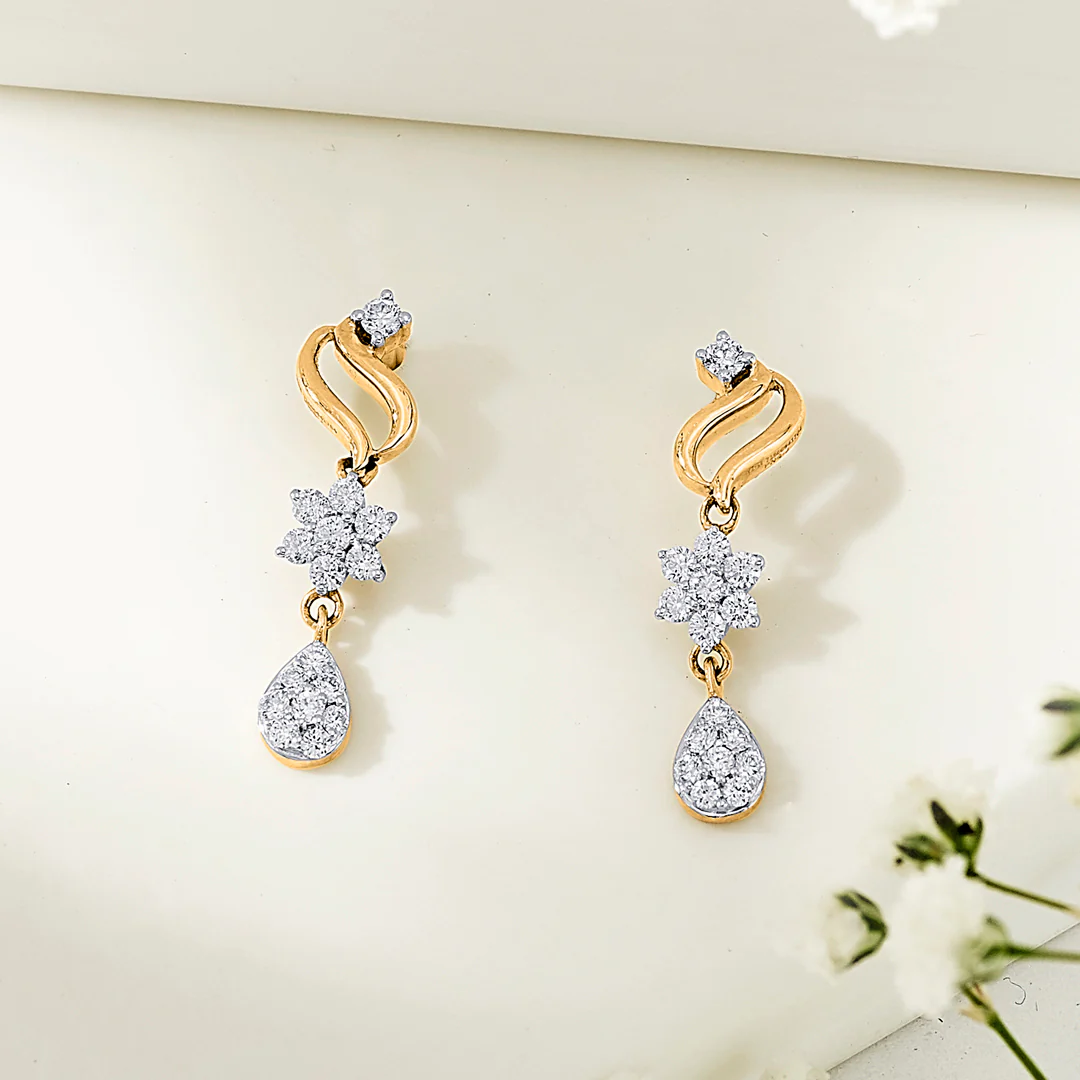 Magnolia Whisper Yellow Gold Dangler Diamond Earring For Women