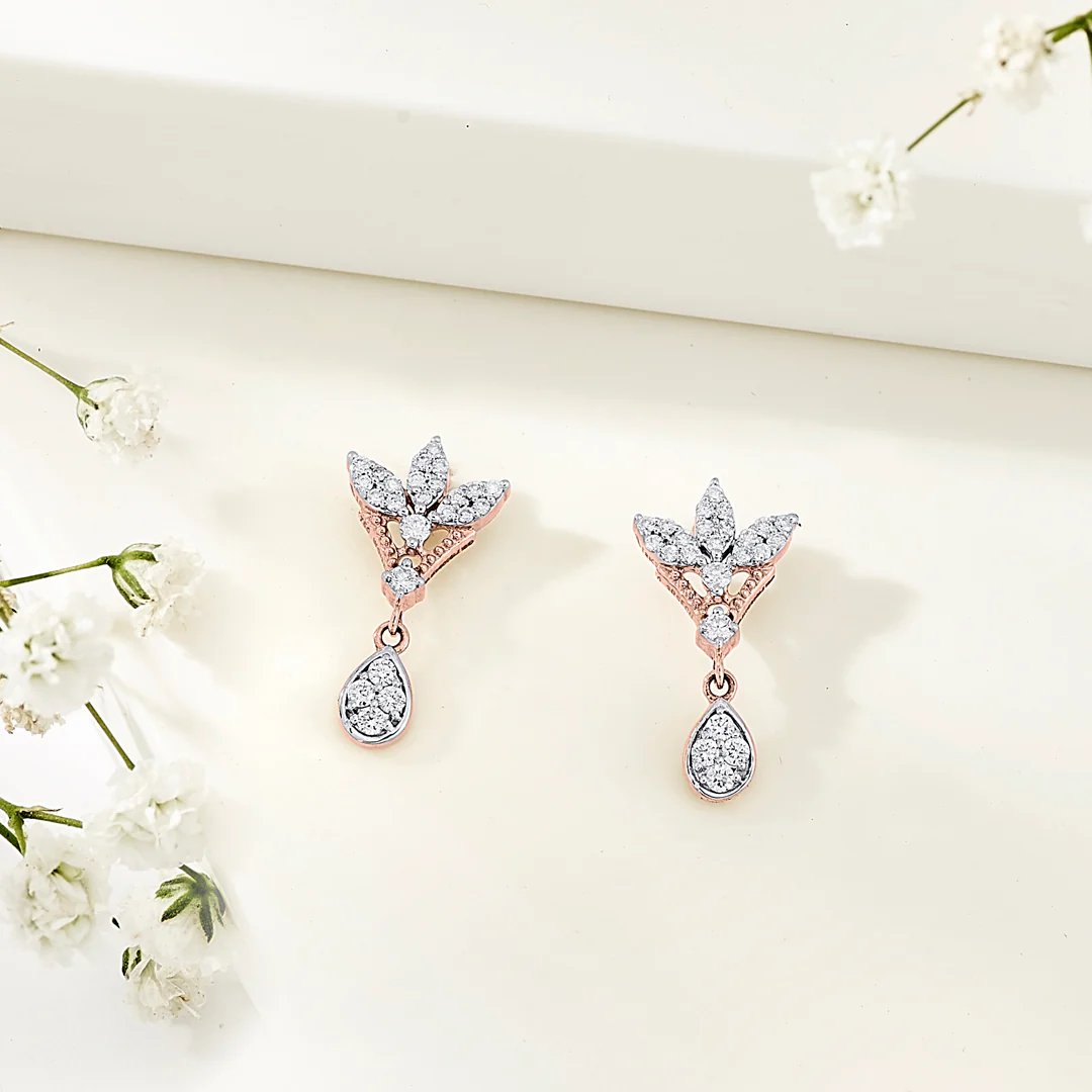Angelic Petal Rose Gold Dangler Diamond Earring For Women