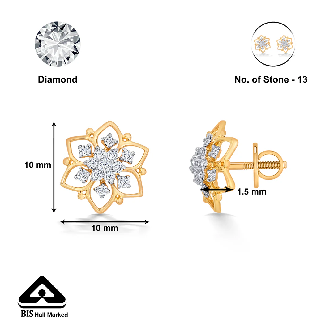 Beauty Yellow Gold & Diamond Stud Earring For Women - Image 5