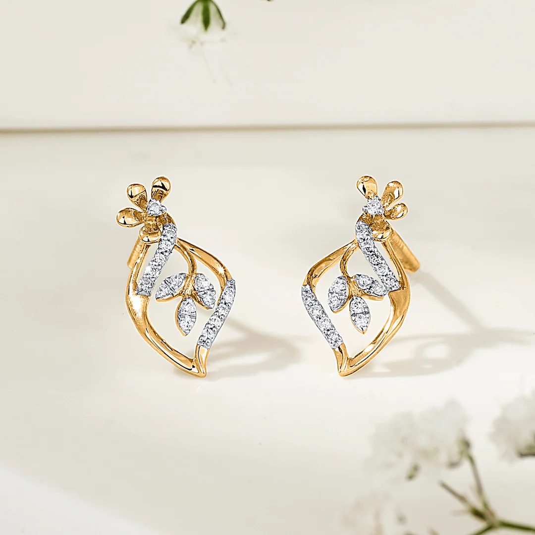 Blossom Vine Yellow Gold Stud Diamond Earring For Women