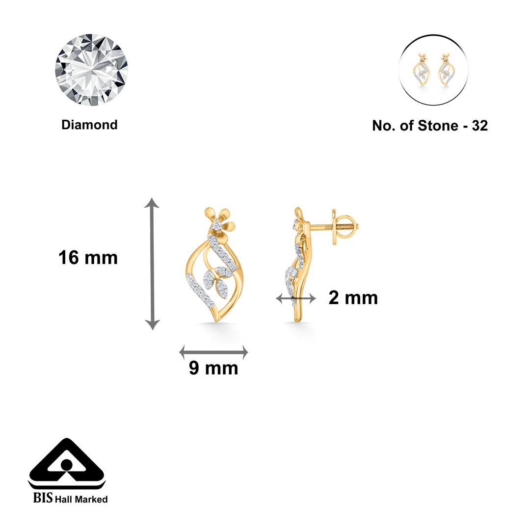 Blossom Vine Yellow Gold Stud Diamond Earring For Women - Image 5