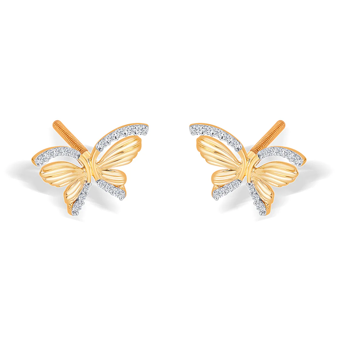 Butterfly Yellow Gold & Diamond Stud Earring For Women - Image 3
