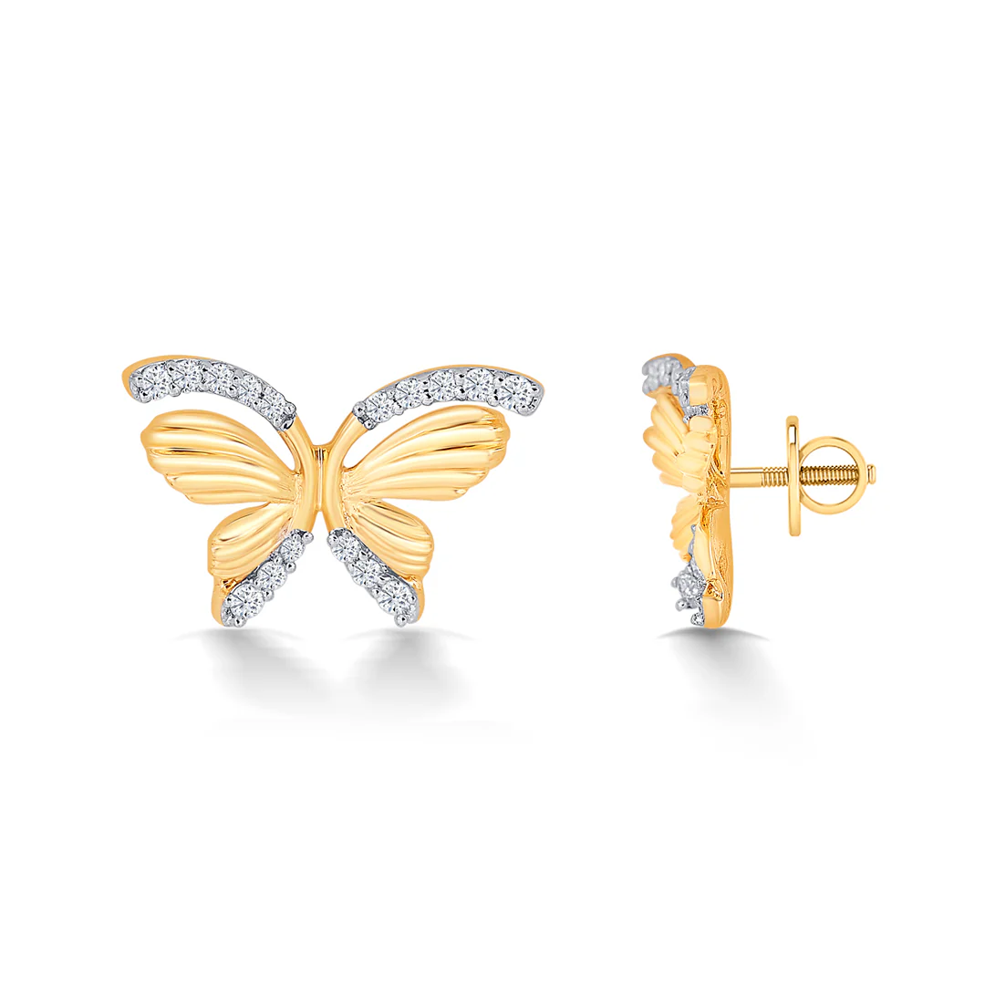 Butterfly Yellow Gold & Diamond Stud Earring For Women - Image 4