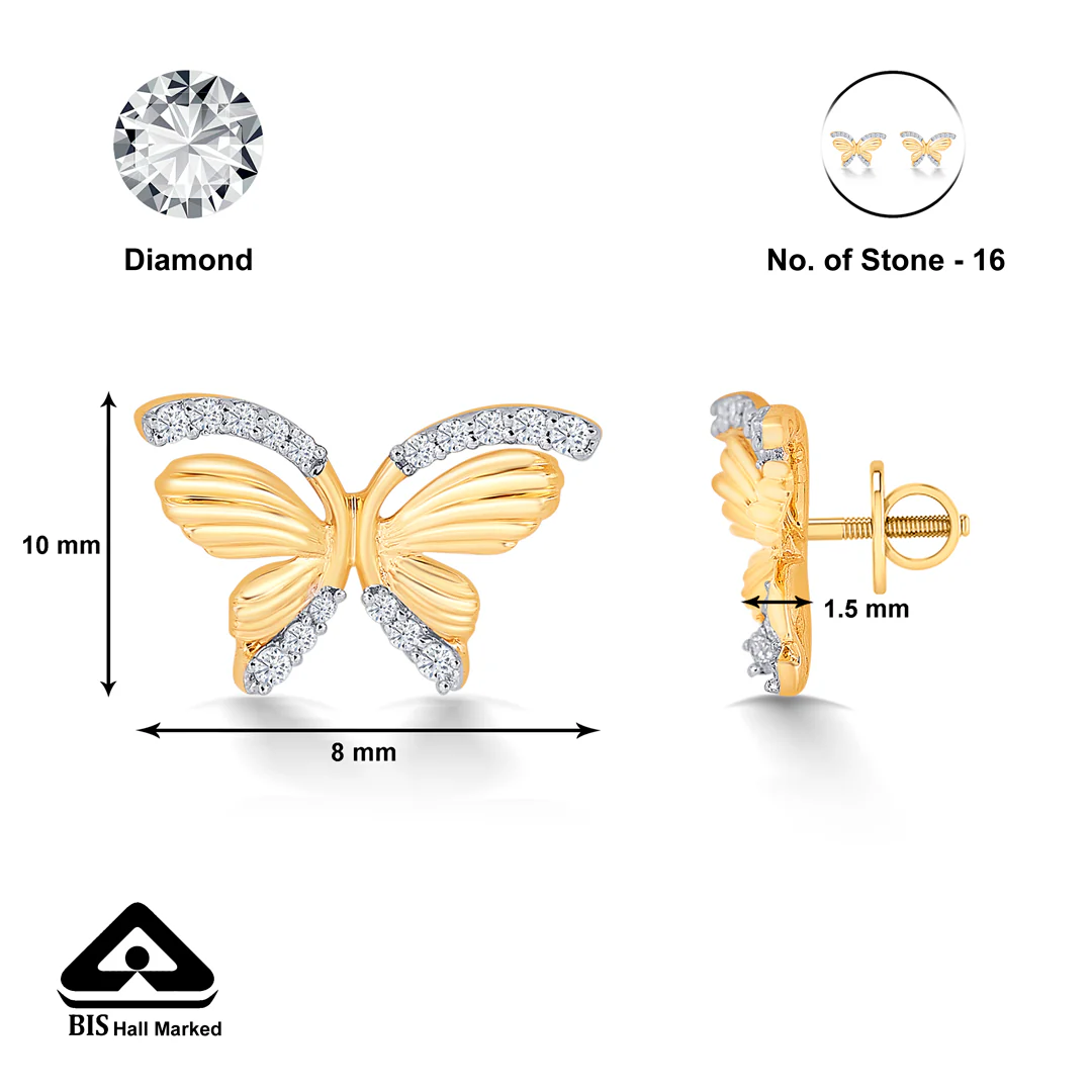 Butterfly Yellow Gold & Diamond Stud Earring For Women - Image 5