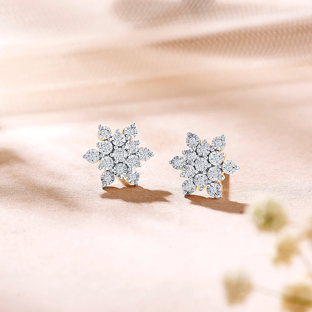 Charming Yellow Gold & Diamond Stud Earring For Women