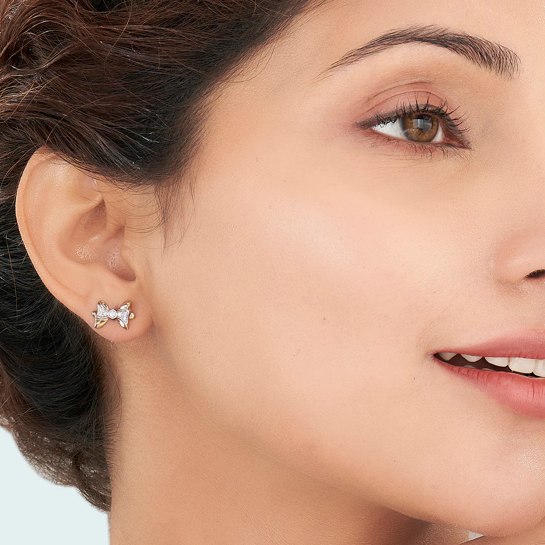 Dainty Bow Gold Stud Diamond Earring for Women - Image 2