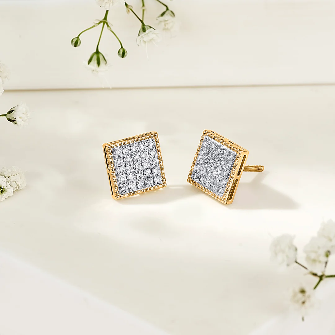 Diamond Mosaic Yellow Gold Stud Earring for Women