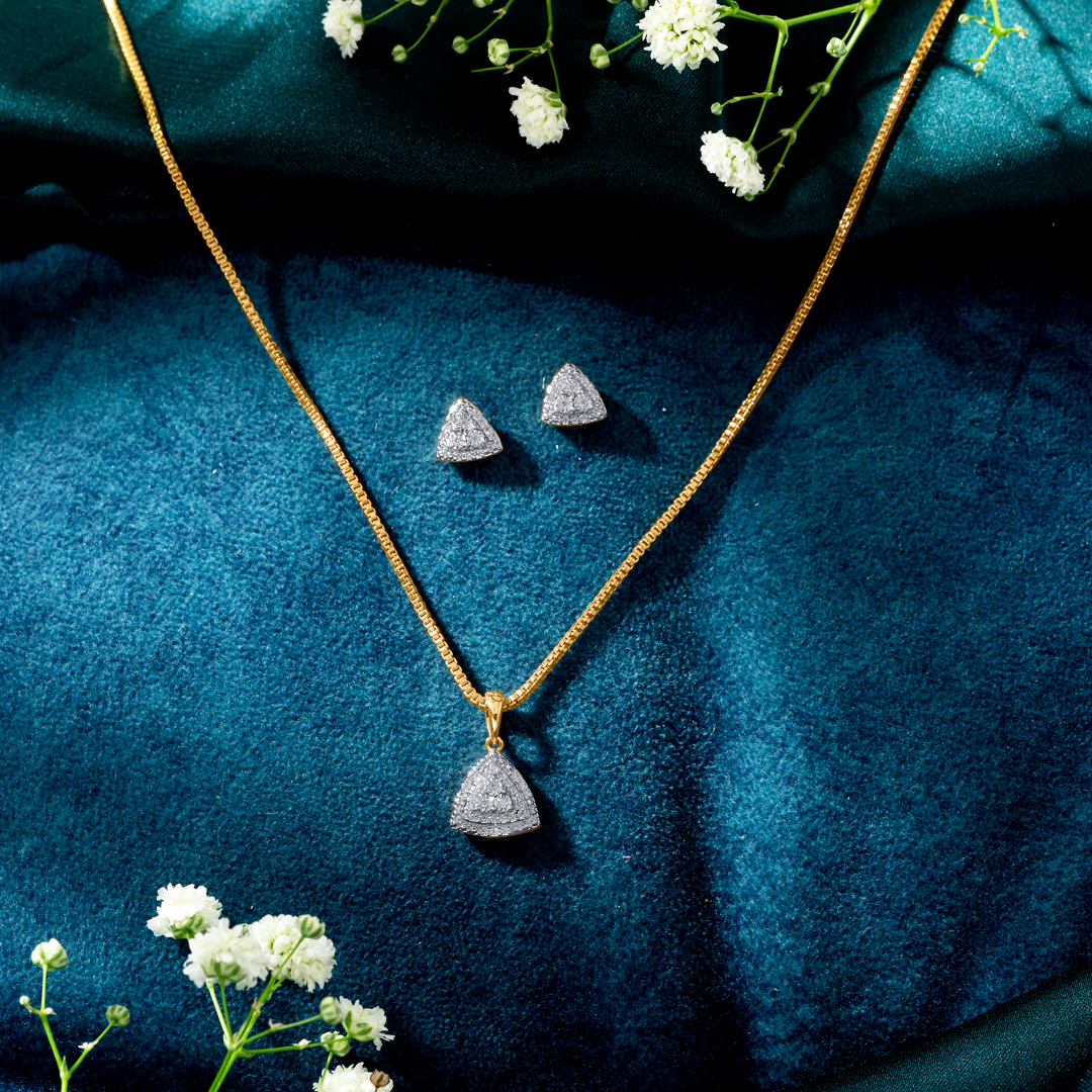 Ethereal Pyramid Gold & Diamond Pendant Set For Women
