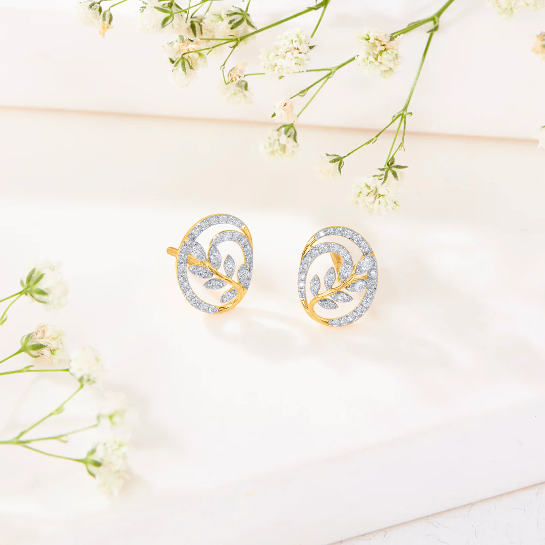 Foliage Gold & Diamond Stud Earring For Women