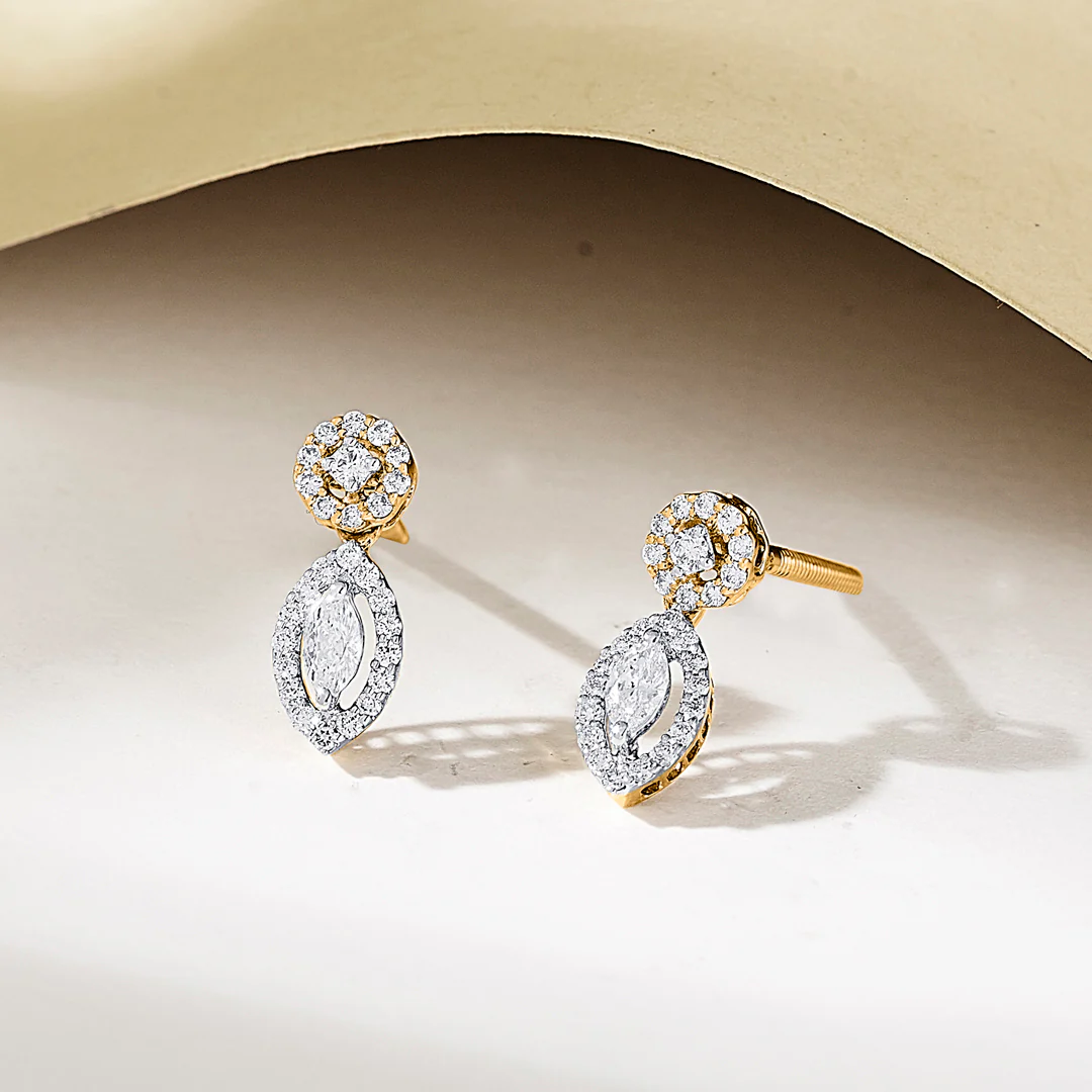 Elliptical Drop Gold Stud Diamond Earring for Women