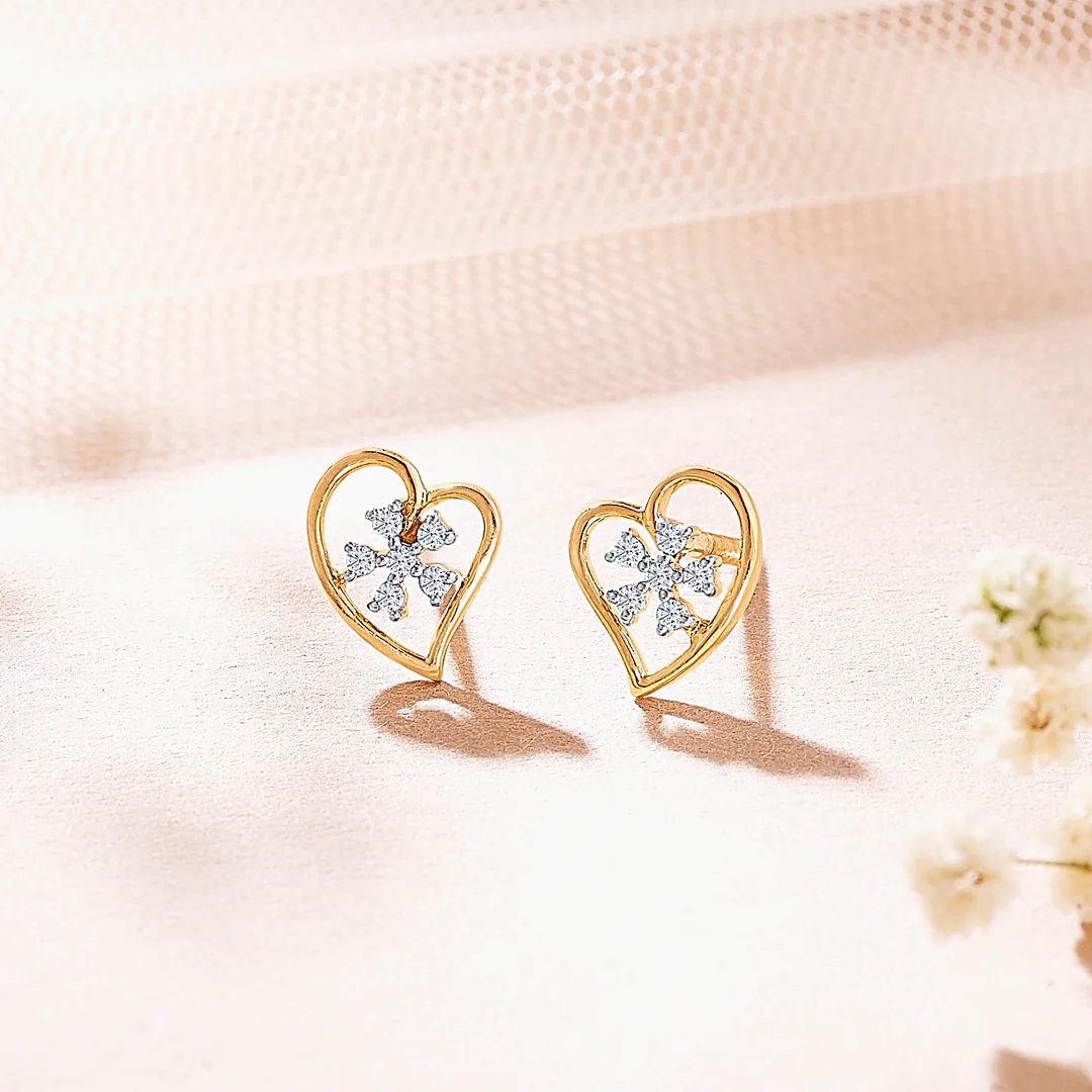 Heart Yellow Gold & Diamond Stud Earring For Women