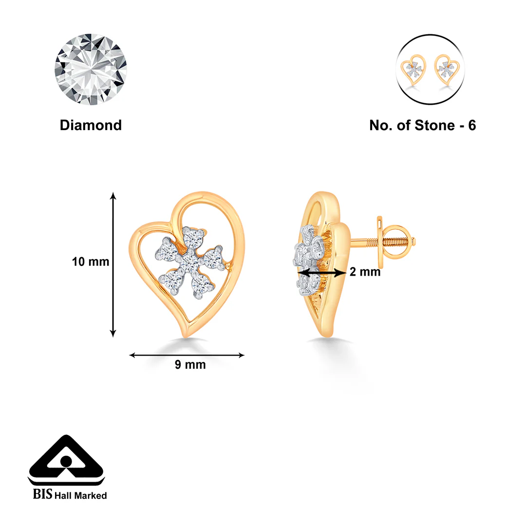 Heart Yellow Gold & Diamond Stud Earring For Women - Image 5