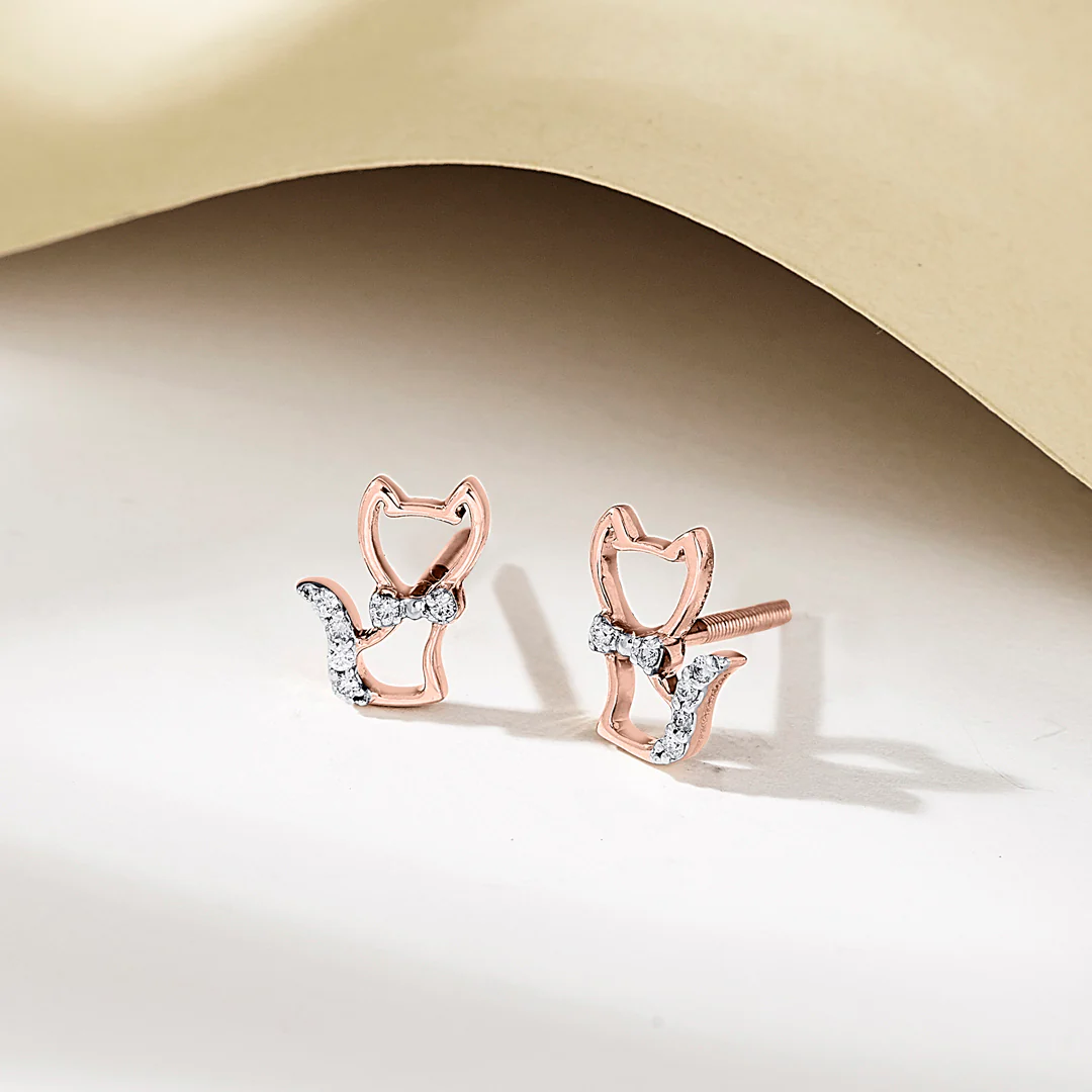 Meow Spark Rose Gold Stud Diamond Earring For Women