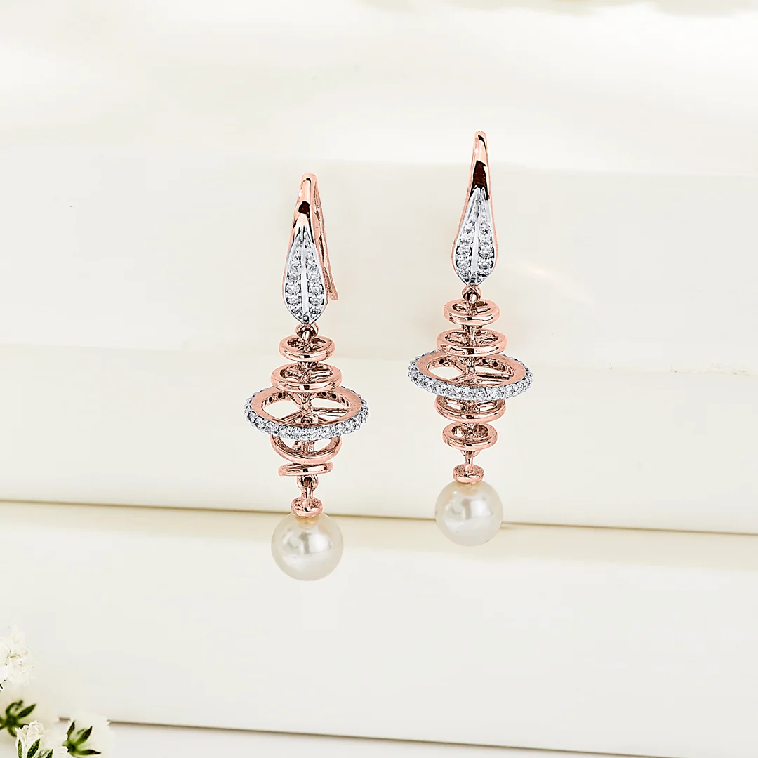 Pearl Orbit Rose Gold Dangler Diamond Earring For Women