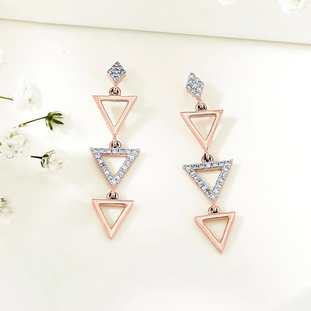 Pyramid Glint Rose Gold Dangler Diamond Earring For Women