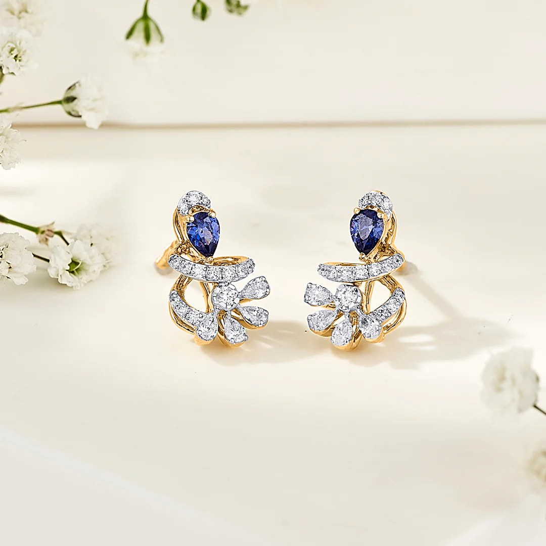 Sapphire Swirl Gold Stud Diamond Earring for Women