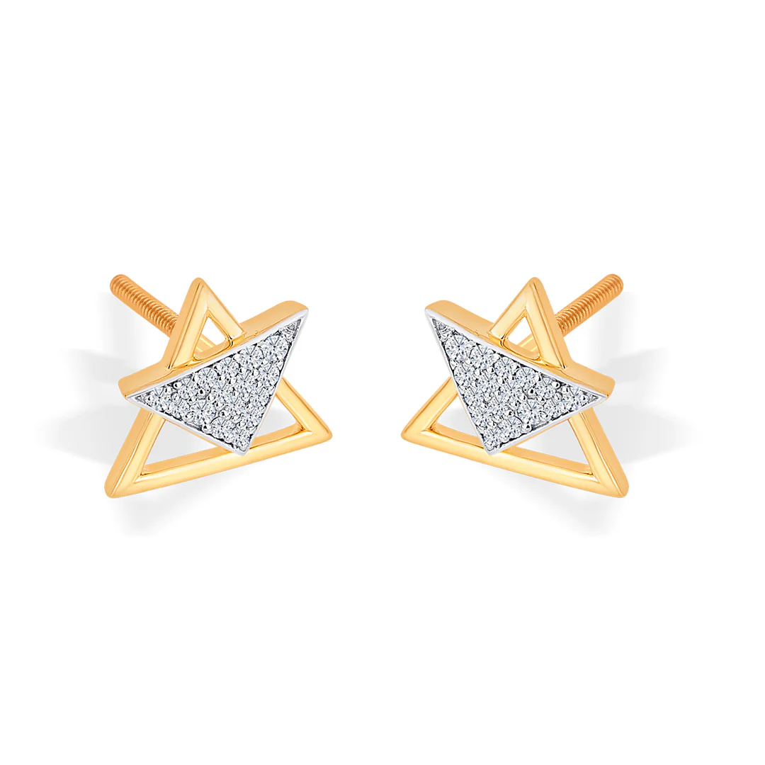 Triangular Yellow Gold & Diamond Stud Earring For Women - Image 3