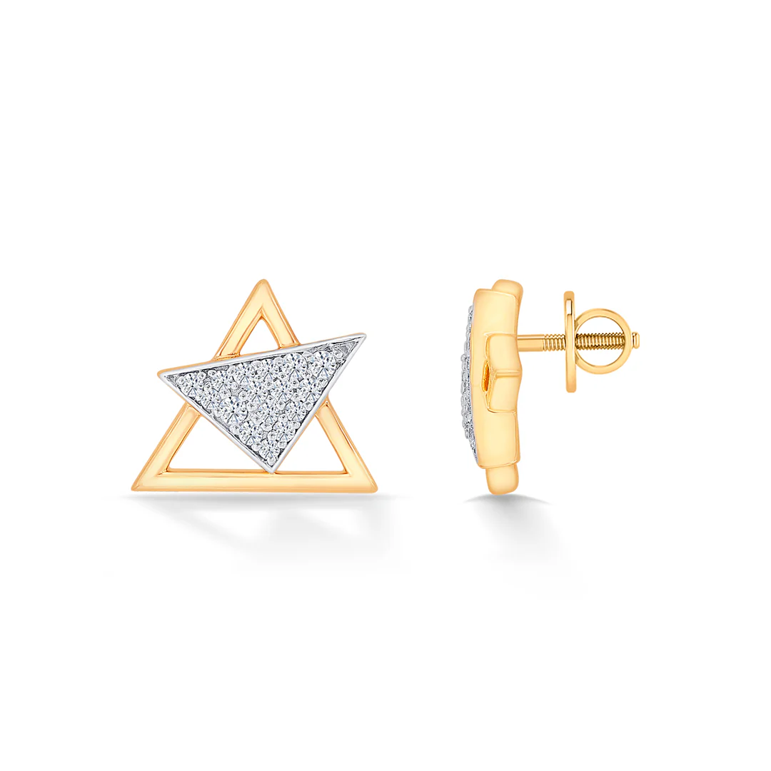 Triangular Yellow Gold & Diamond Stud Earring For Women - Image 4