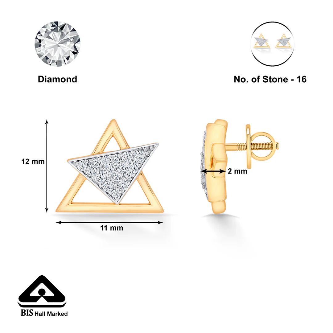 Triangular Yellow Gold & Diamond Stud Earring For Women - Image 5